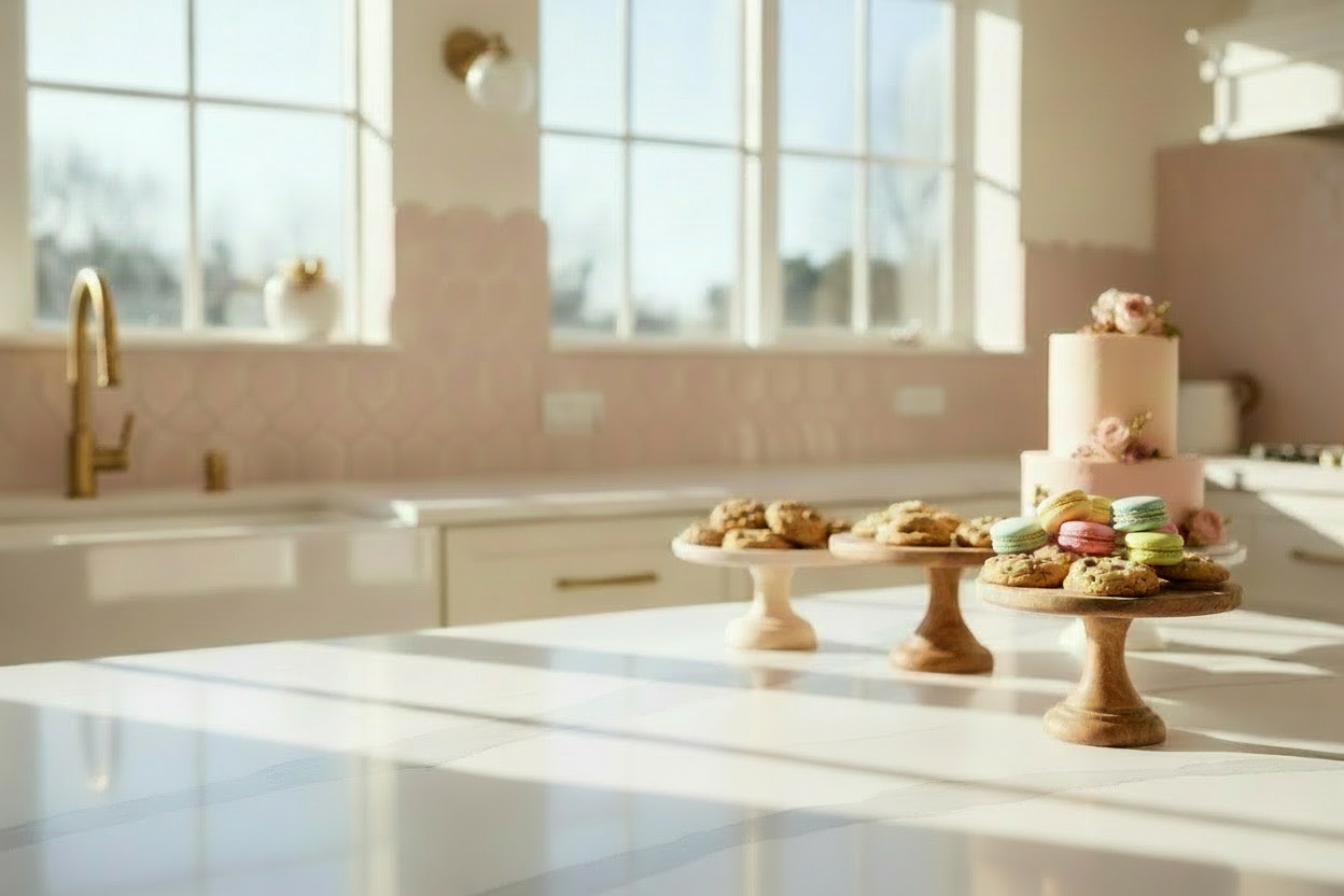 Warm sunlight dappled kitchen with pink scalloped tile backsplash, brass fixtures, white quartz countertop with gray veining, and baked goods (cinnamon rolls, macarons, cakes, cookies) blurred in the background